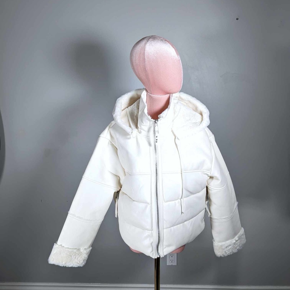 NWT REBECCA MINKOFF VEGAN LEATHER FAUX FUR TRIM CROPPED PUFFER JACKET - L